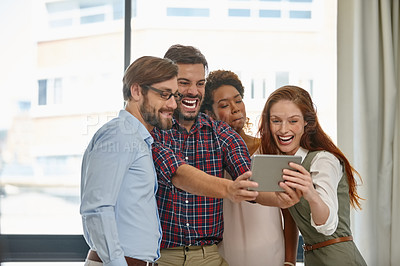 Buy stock photo Selfie, tablet and funny face with business people in office for social media, about us picture and diversity. Support, photography and bonding with employees in agency for solidarity and comedy