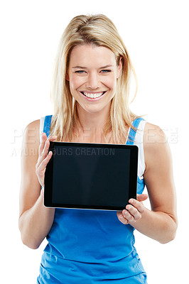 Buy stock photo Happy woman, portrait and tablet screen with mockup in studio for advertising on a white background. Female person, model or user with technology display or space for website, UI or marketing app