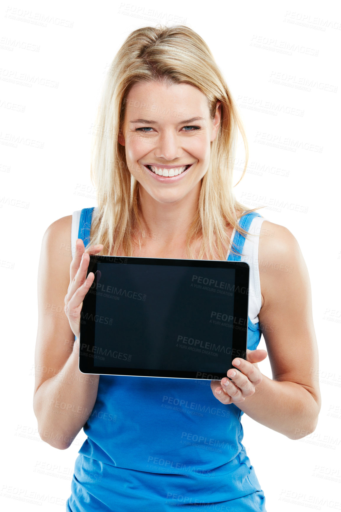 Buy stock photo Happy woman, portrait and tablet screen with mockup in studio for advertising on a white background. Female person, model or user with technology display or space for website, UI or marketing app