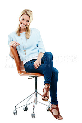 Buy stock photo Portrait, smile and woman in studio with seat, entry level or skills growth in new job. Confident, happy and intern on white background with chair, development or goals in career start.