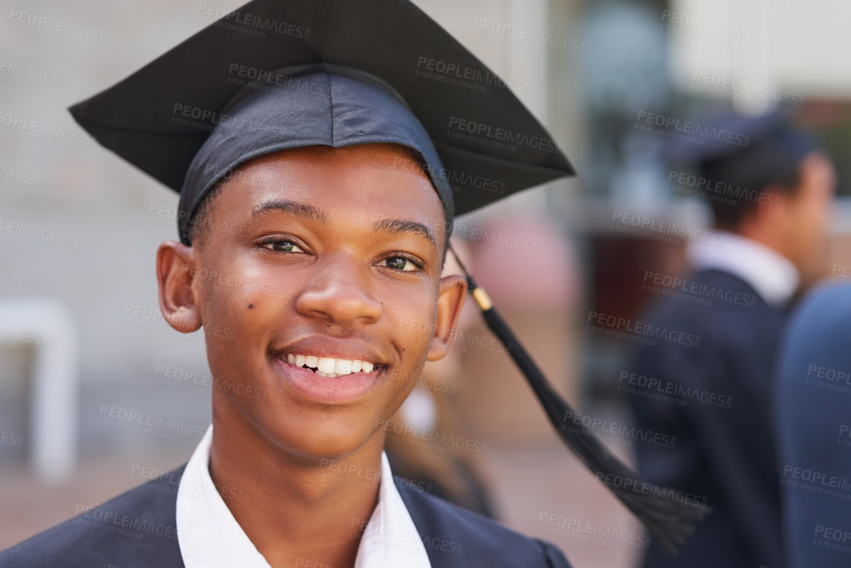 Buy stock photo Happy boy, portrait and student with graduation ceremony for higher education achievement. Male person, graduate or certification with smile or cap for academic milestone or qualification on campus
