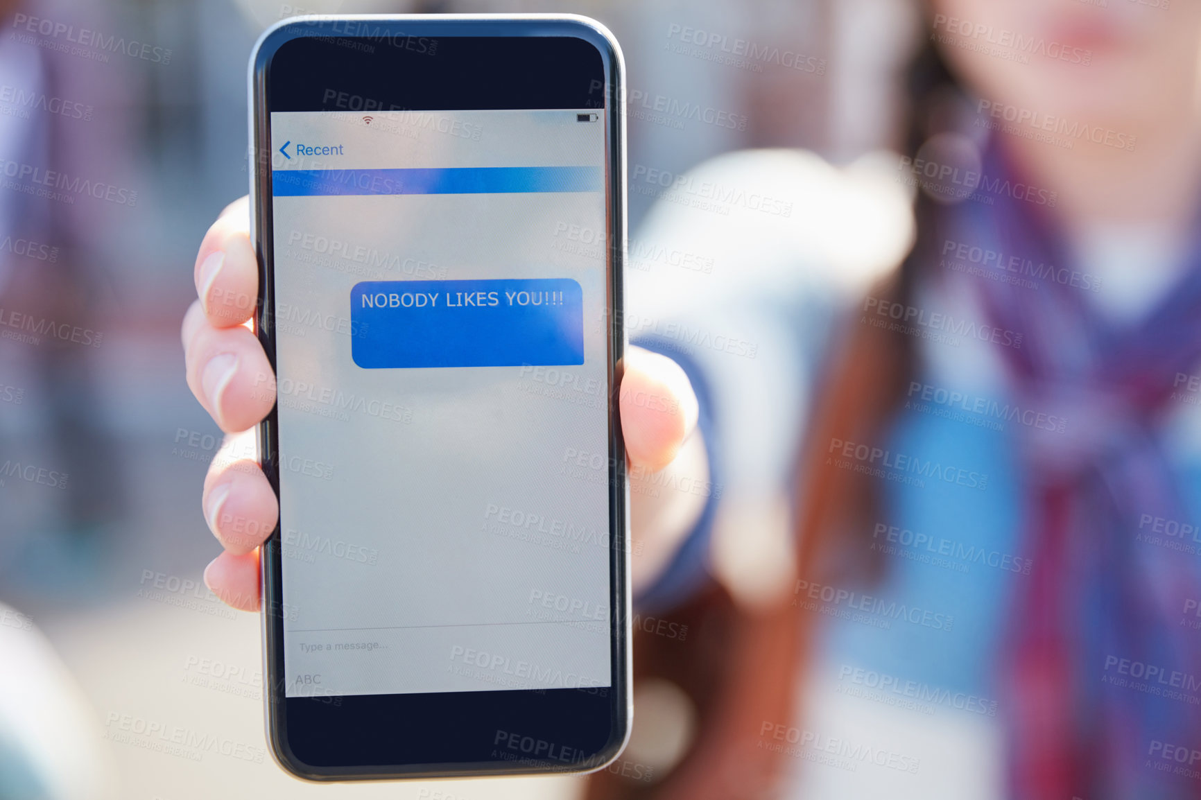 Buy stock photo Hand, phone screen and cyber bullying at college with social media, stalker or notification with space. Person, smartphone and rude chat with harassment, mobile app and text message at university