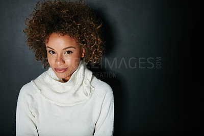 Buy stock photo Woman, portrait and winter fashion with jersey in studio for warm comfort on a dark background. Female person, model or afro with cozy cotton fabric or clothing for warmth or style on mockup space