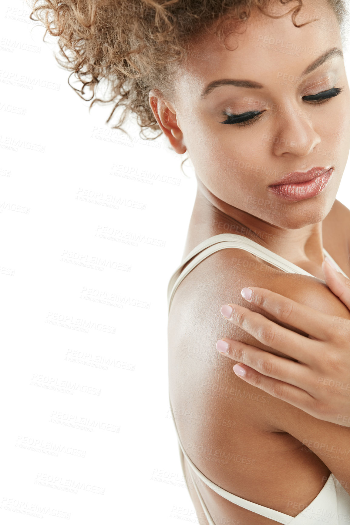 Buy stock photo Beauty, skincare and touch with woman in studio for cosmetics, glow and aesthetic. Spa treatment, space and self care with female person on white background for wellness, dermatology and lashes