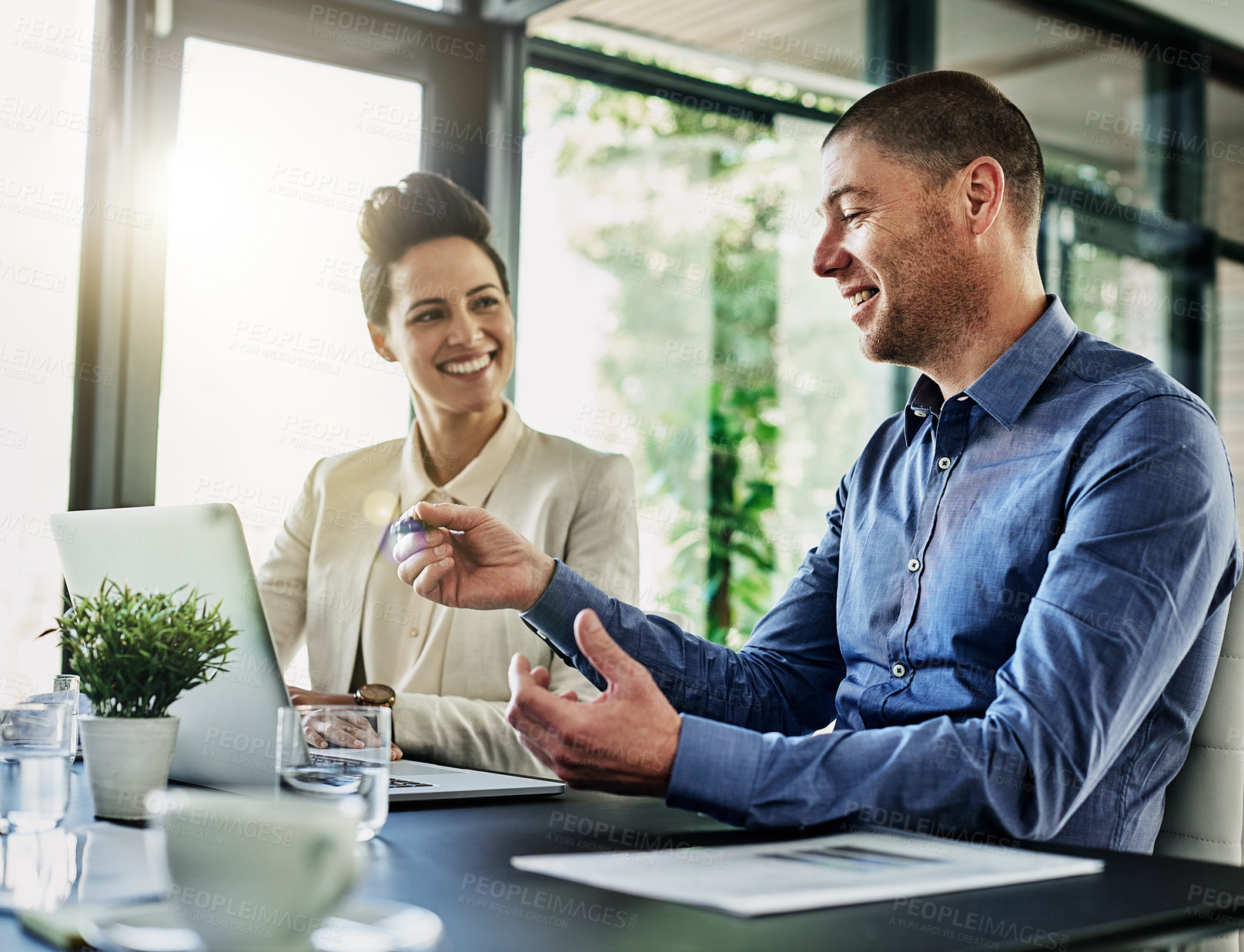 Buy stock photo Online, project and people with laptop, office and team with market research on website and meeting. Business, copywriter and colleagues with tech for article, talking and collaboration for campaign