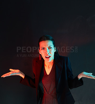 Buy stock photo Shock, confused and portrait of business woman in studio for stock market crash, mistake and fail. Investor crisis, surprise and debt error with person on dark background for problem solving