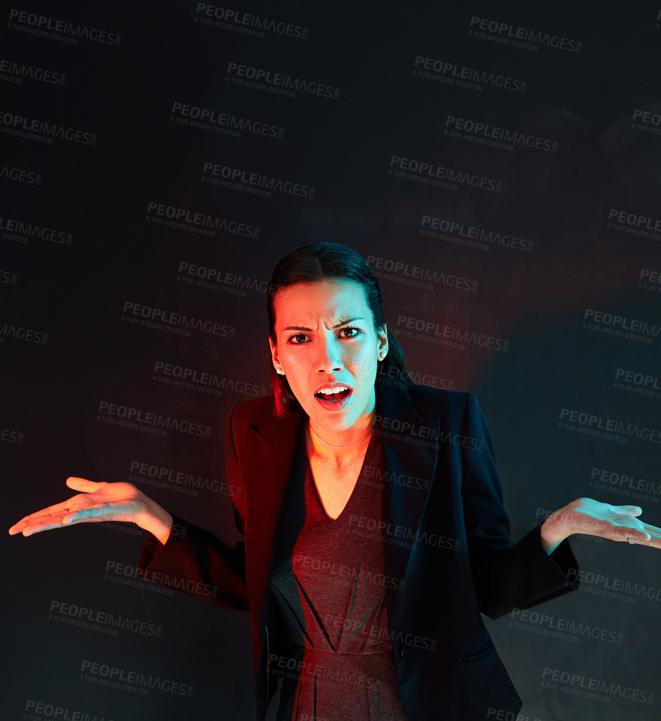 Buy stock photo Shock, confused and portrait of business woman in studio for stock market crash, mistake and fail. Investor crisis, surprise and debt error with person on dark background for problem solving
