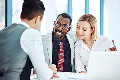 Buy stock photo Happy, couple and financial advisor with paperwork, office or consultation for mortgage application. People, risk assessment and advice for home loan, documents and credit score guidance in meeting