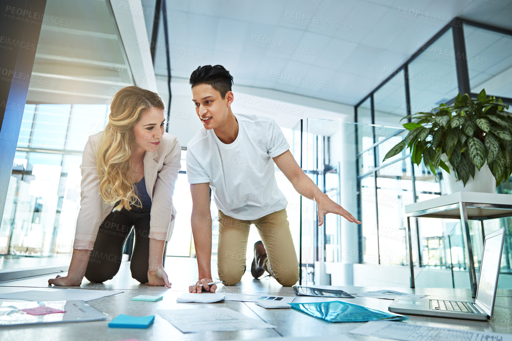 Buy stock photo Team, meeting and laptop with business people in office for brainstorming, campaign research and review. Brand identity, project proposal and creative collaboration with employees and tech in agency