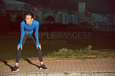 Buy stock photo Night, woman and tired of fitness in city with running break, cardio burnout and workout recovery. Rest, athlete and exhausted outdoor from exercise, wellness challenge and sports fatigue with bokeh
