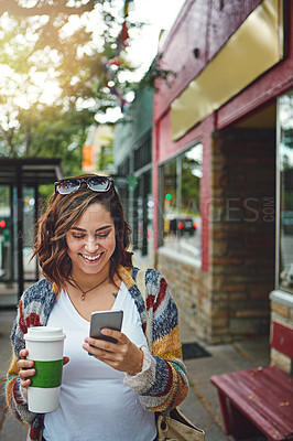 Buy stock photo Walking, happy woman or reading with phone on city street, explore destination or local travel guide. Sightseeing website, online map or person on abroad holiday trip for tourism, direction or mobile