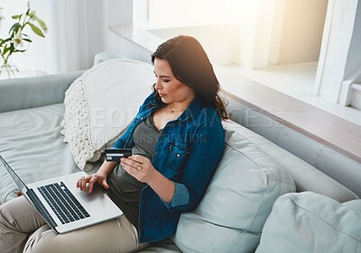 Buy stock photo Online shopping, laptop and woman with credit card, lounge and scroll for items on website and sale. Ecommerce, customer and person with tech for purchase, app and browsing for discount offer in home