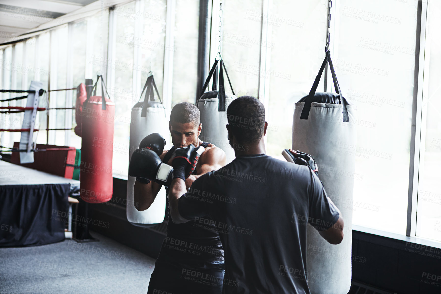 Buy stock photo Athlete, men and boxing with personal trainer at gym for training, punching technique and combat. Boxer, fitness coach and sports mitts for self defense practice, fighting skills and sparring workout