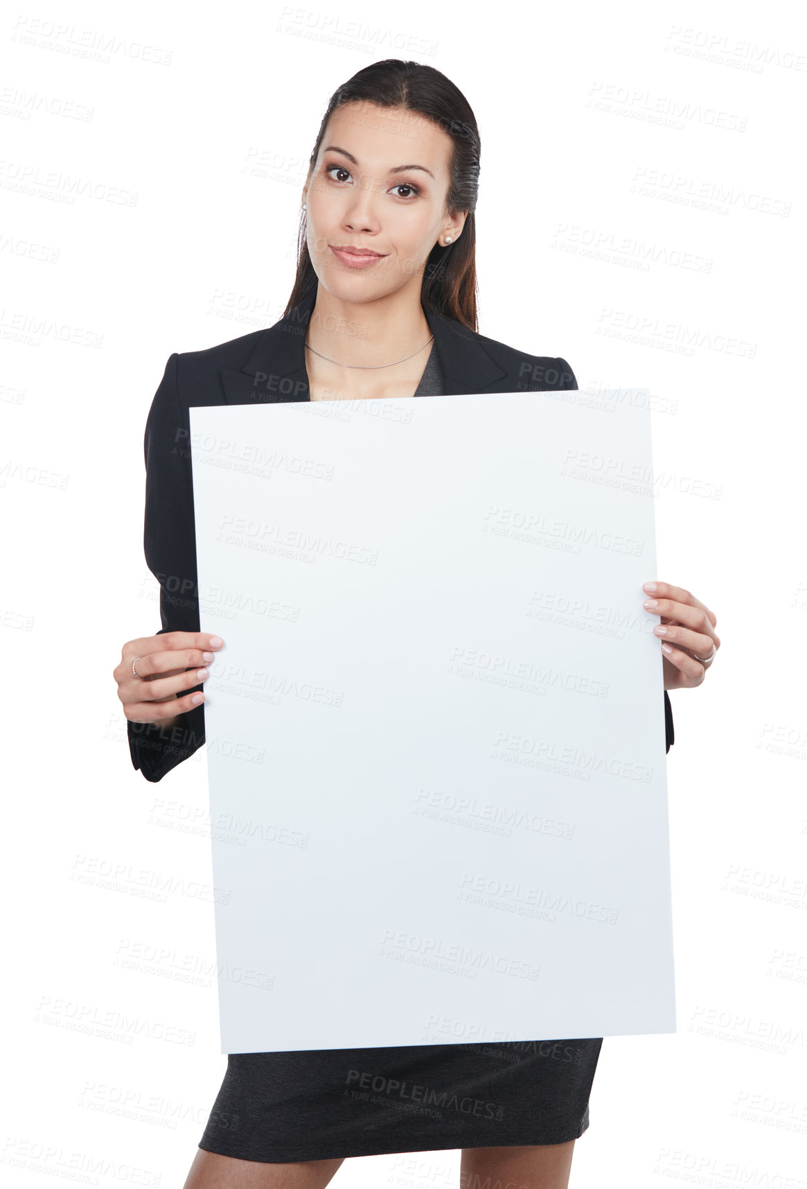 Buy stock photo Portrait, mockup and business woman with sign for space, advertising commercial and presentation. Person, blank board and marketing worker with poster, coming soon and white background in studio