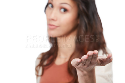 Buy stock photo Portrait, woman and hand in studio with offer, marketing presentation and announcement for promotion. Person, suggestion and product placement for advertising, discount and deal on white background.