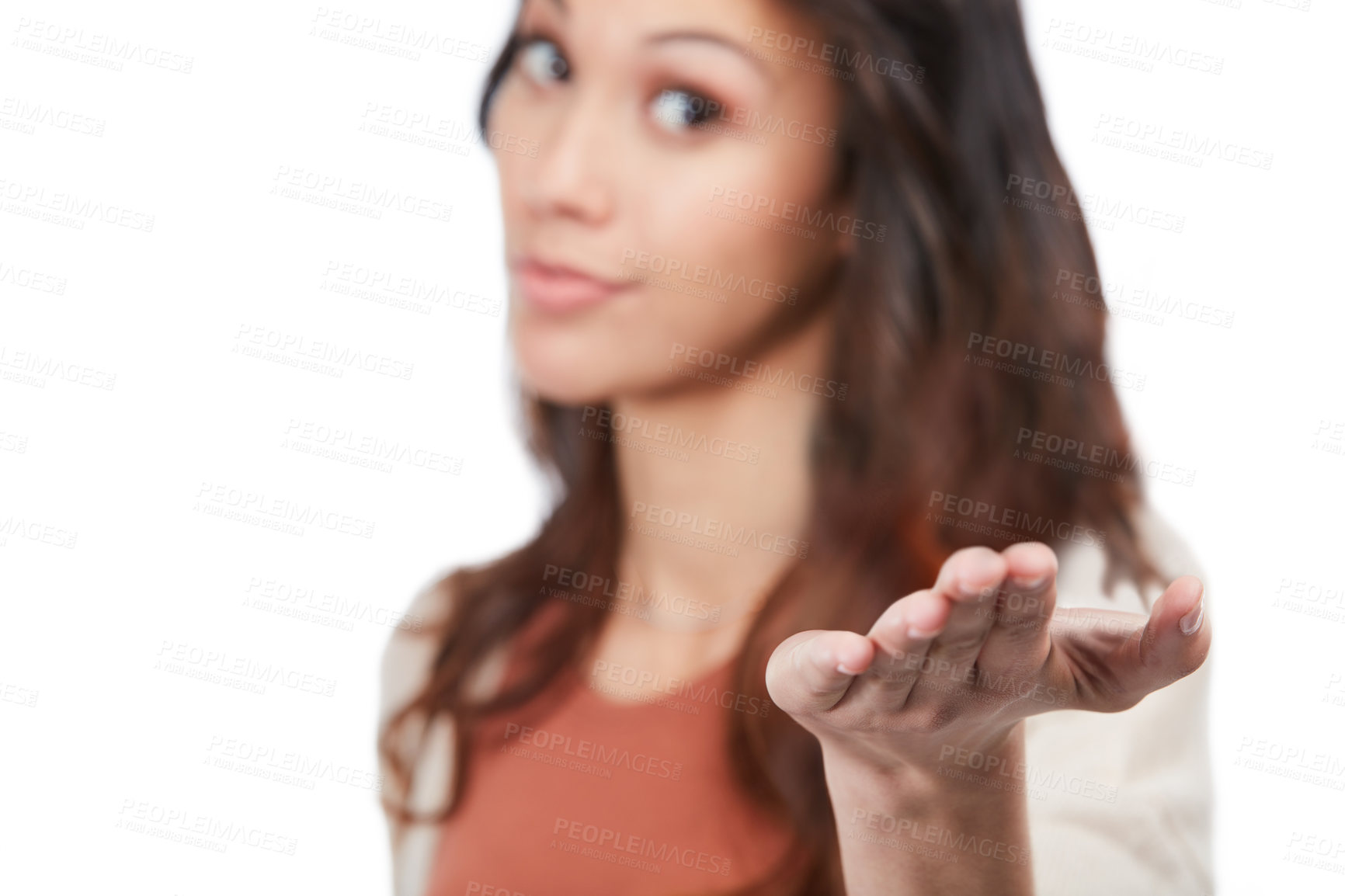 Buy stock photo Portrait, woman and hand in studio with offer, marketing presentation and announcement for promotion. Person, suggestion and product placement for advertising, discount and deal on white background.