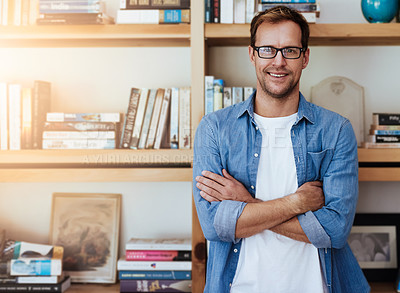 Buy stock photo Arms crossed, glasses and portrait of man and books for author, publishing agent and about us. Professional writer, journalist and smile with male person in media agency for editor and confidence