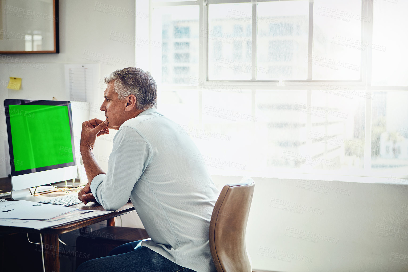 Buy stock photo Green screen, mature man and thinking with computer in office for planning, research or idea. Technology, display and mockup space with business person for administration, report or reading email