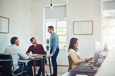 Buy stock photo Meeting, collaboration and business people in office with documents for creative project. Computer, coworking and team of magazine editors with planning for article, publishing or pitch discussion