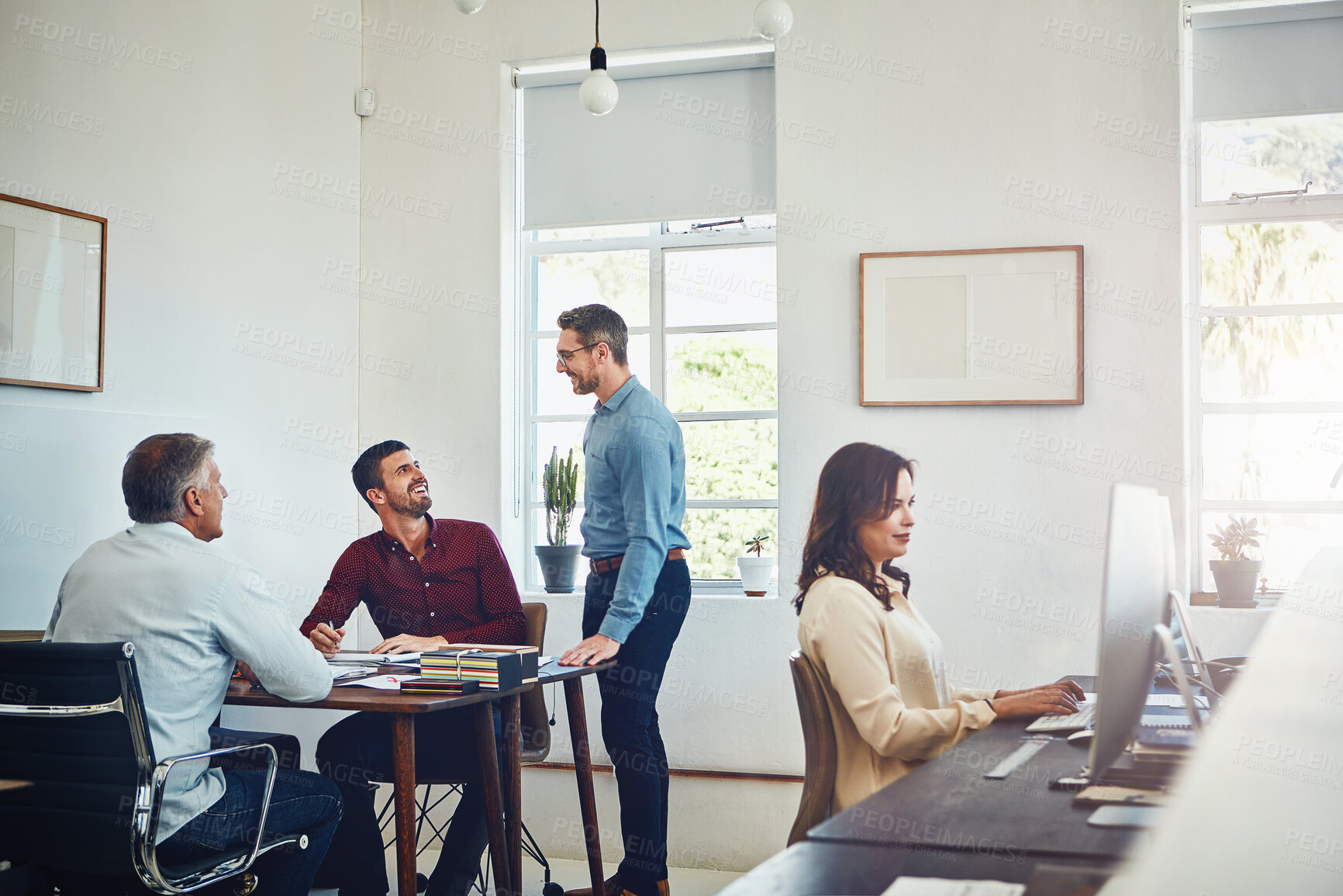 Buy stock photo Meeting, collaboration and business people in office with documents for creative project. Computer, coworking and team of magazine editors with planning for article, publishing or pitch discussion