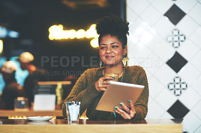 Buy stock photo Customer, smile and tablet with woman in coffee shop for social media, restaurant rating and hospitality. Online food review, latte drink and digital menu with person and tech in cafe for order