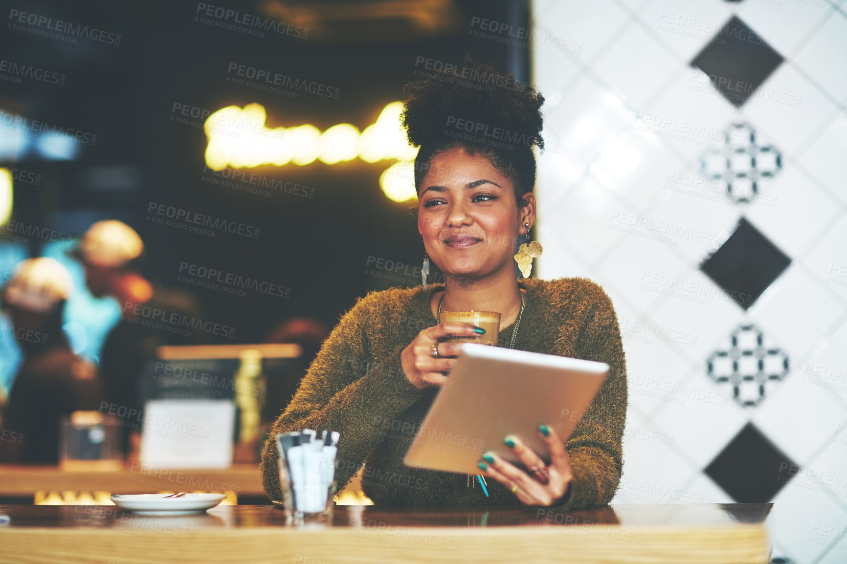Buy stock photo Customer, smile and tablet with woman in coffee shop for social media, restaurant rating and hospitality. Online food review, latte drink and digital menu with person and tech in cafe for order