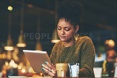 Buy stock photo Remote work, reading or woman with tablet in coffee shop, editing or review article for online publication. Bokeh, draft research or journalist with tech for story revision, fact check or freelancer