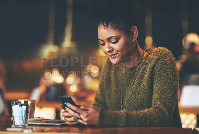 Buy stock photo Coffee shop, internet and woman in cafe with phone for social media, text message and communication. Restaurant, diner and person on smartphone for typing email, networking and contact on mobile app