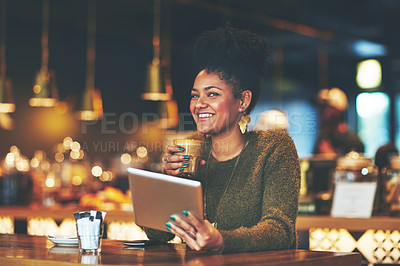 Buy stock photo Portrait, smile and tablet with woman in coffee shop for entrepreneur, barista inventory and hospitality. Online food review, small business and menu planning with female person in cafe with bokeh
