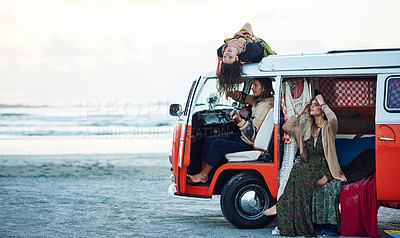 Buy stock photo Outdoor, beach and friends in van for road trip, adventure and vacation together on summer weekend. Travel, space and men and women in retro vehicle to relax on holiday, tourism and destination