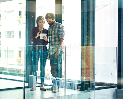 Buy stock photo Tablet, discussion and business people in office with collaboration for creative project together. Team, digital technology and magazine editors with research for article with publishing in workplace