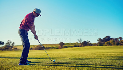 Buy stock photo Golf, man and swing with game, green and training for competition practice or weekend hobby. Shot, golfer person and tournament with sport club, golfing course or challenge outdoor with space