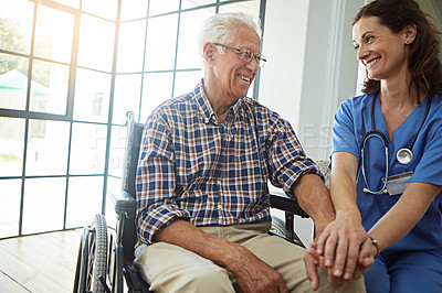Buy stock photo House, wheelchair and nurse with old man, conversation and support for recovery. Pensioner, caregiver and person with disability, discussion or medical service for mobility, help and assisted living