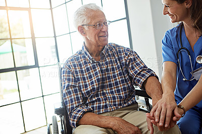 Buy stock photo Retirement home, wheelchair and nurse with old man, holding hands and support for mobility. Happy, caregiver and person with disability, wellness and medical service for assistance and consultation