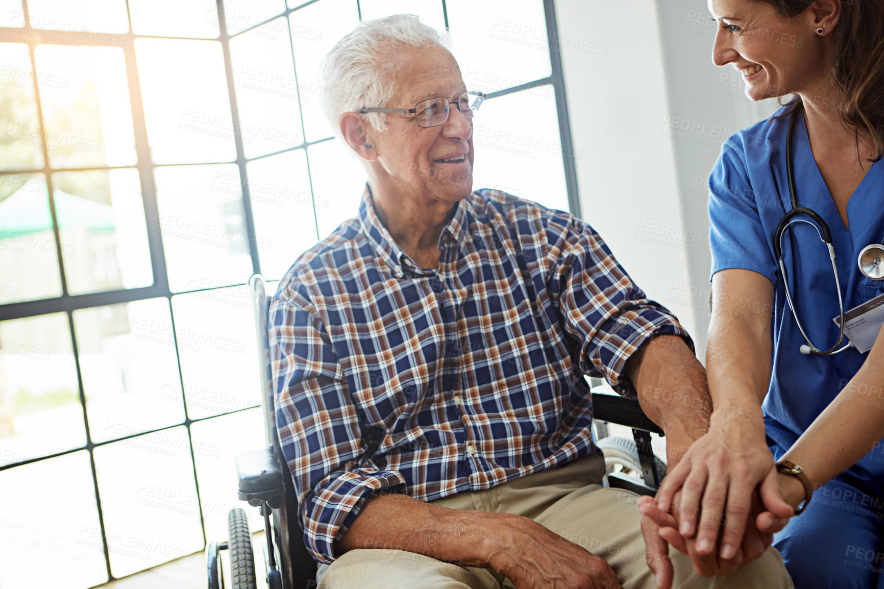 Buy stock photo Retirement home, wheelchair and nurse with old man, holding hands and support for mobility. Happy, caregiver and person with disability, wellness and medical service for assistance and consultation