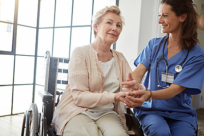 Buy stock photo Discussion, nurse and senior woman in wheelchair for checkup with support, empathy or service. Compassion, medical and healthcare worker with elderly female patient with disability for consultation.