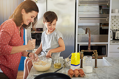 Buy stock photo Child, mom and baking in kitchen for learning, help or mix batter together with whisk for food. Mother, kid and teaching how to bake with ingredients, love or bonding with happy parent in family home