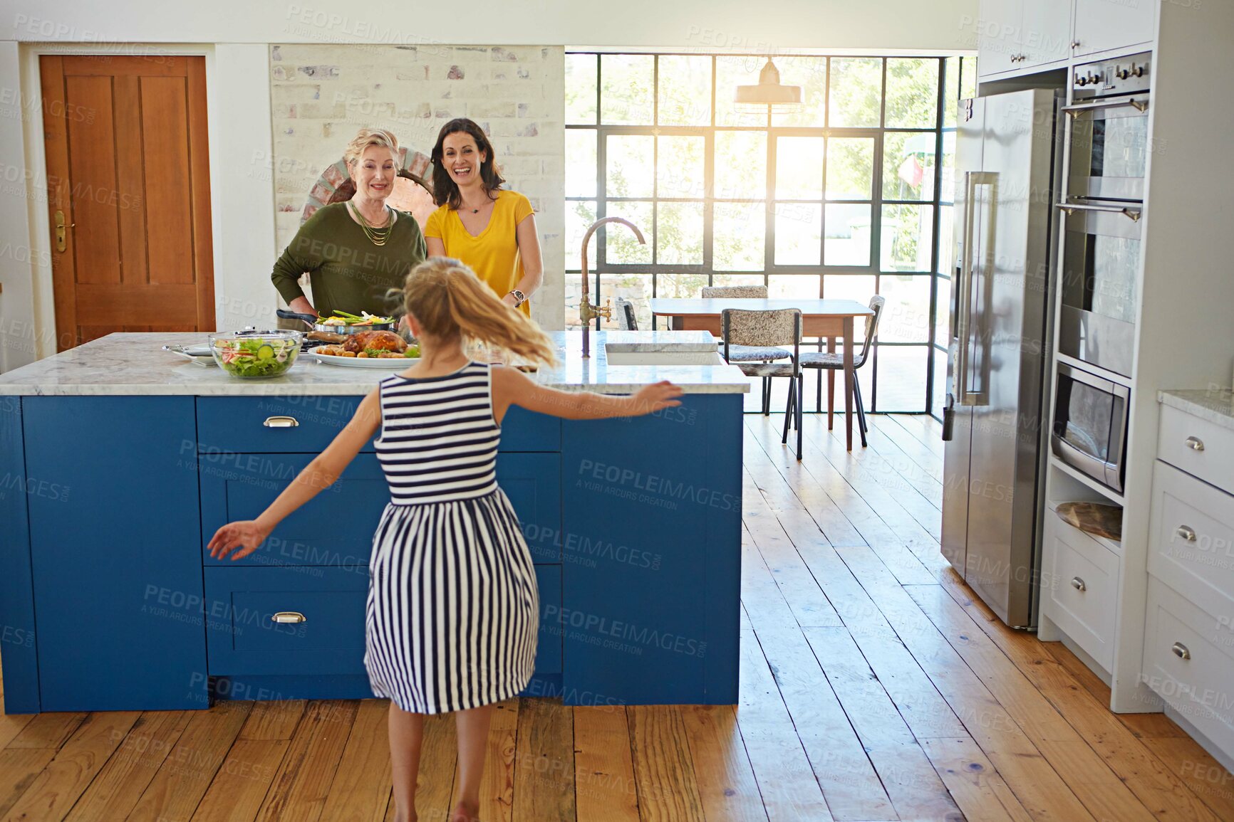 Buy stock photo Cooking, grandma and mom with girl dancer in kitchen of home together for bonding or visit. Dance, food or thanksgiving with daughter, parent and senior granny in apartment for meal preparation