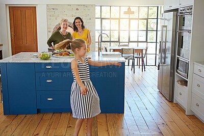 Buy stock photo Dance, girl and granny cooking with mom in kitchen of home together for bonding or visit. Family, food or thanksgiving with dancer daughter, parent and senior woman in apartment for meal preparation
