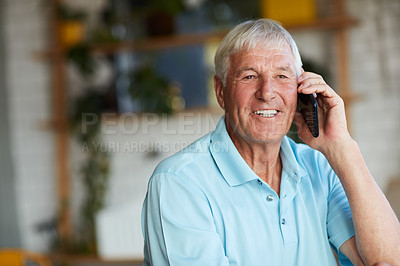 Buy stock photo Thinking, senior man and phone call at house with vision, discussion and ideas for weekend. Smile, elderly person or mobile for conversation, daydreaming and chat with nostalgia memory in living room