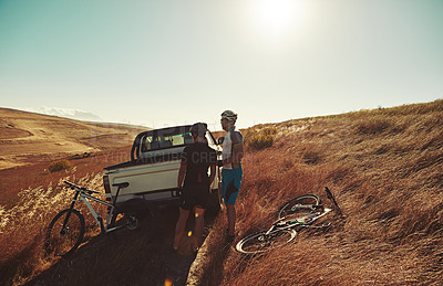 Buy stock photo Sports, morning and people with bicycle in truck for cycling, exercise and training in countryside. Fitness, sunrise and men with bikes in vehicle for adventure, travel and active hobby on trail