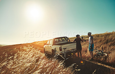 Buy stock photo Sports, nature trail and people with bicycle and car for cycling, exercise and training in countryside. Fitness, space and men with bikes in truck for adventure, travel and active hobby outdoor
