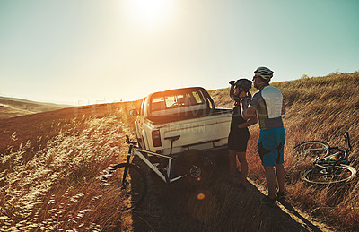 Buy stock photo Cycling, nature and men with bicycle by car for fitness, exercise and training in countryside. Sports, sunrise and people with bikes in truck for adventure, travel and active hobby on outdoor trail