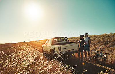 Buy stock photo Sports, mountain and people with bicycle in car for cycling, exercise and training in countryside. Fitness, sunrise and men with bikes by vehicle for adventure, travel or active hobby on nature trail