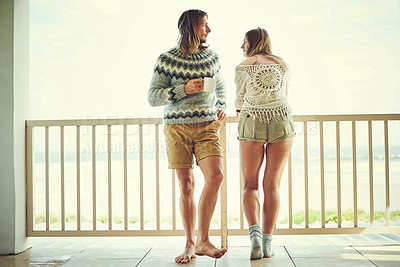 Buy stock photo Coffee cup, travel and couple on balcony for holiday, romantic getaway and anniversary trip for peace. Tea, hotel terrace and people with summer abroad for vacation, care and bonding in California