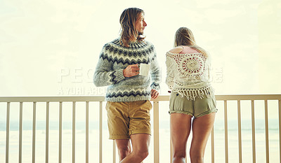 Buy stock photo Coffee, travel and couple on balcony for holiday, romantic getaway and weekend anniversary trip for peace. Tea, hotel terrace and people with summer abroad for vacation, care or bonding in California