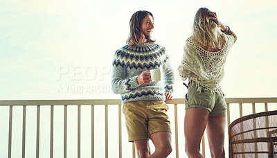 Buy stock photo Love, man and woman on balcony with mug, bonding together and communication in healthy relationship. Happiness, space and couple with coffee cup, connection and romantic moment in start of day.