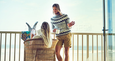 Buy stock photo Conversation, couple and balcony of beach house for travel, summer holiday or romantic trip for bonding. Vacation resort, support or people with chat for healthy relationship, care or weekend getaway