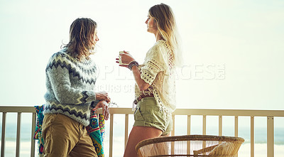 Buy stock photo Love, vacation or couple on patio with coffee cup, healthy relationship or bonding on seaside trip. Space, man or woman on balcony with warm drink, connection or morning together on romantic holiday.