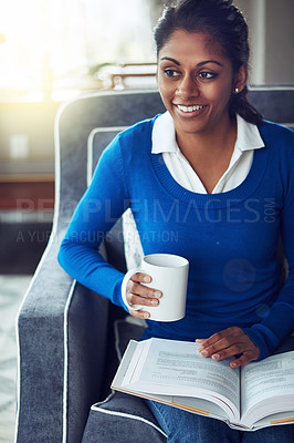 Buy stock photo Coffee cup, thinking or woman with book on couch,  literature novel or education reflection on weekend. Tea, smile or person with fiction story for inspiration, knowledge perspective or hobby in home